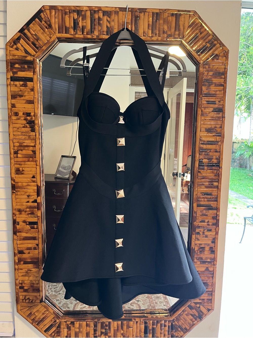 Fashion Nova Black Halter Mini Dress with Studded Front